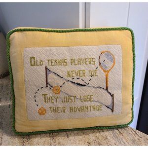 Vtg Old Tennis Players Never Die Yellow Corduroy Wool Crewel Pillow 12x15"